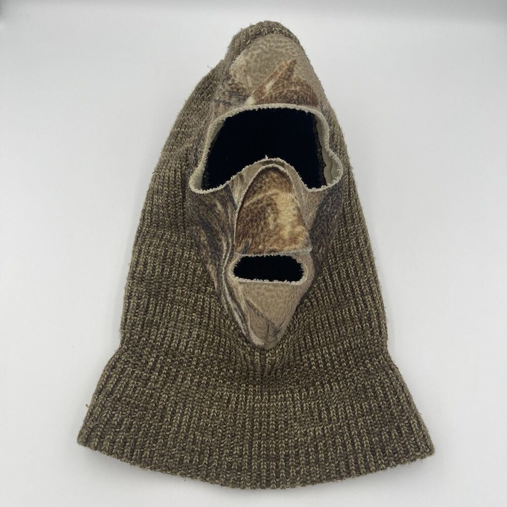 Vtg Camo Hunting Face Mask Balaclava Knit 3 Hole Hat Winter Beanie Cap USA Heavy